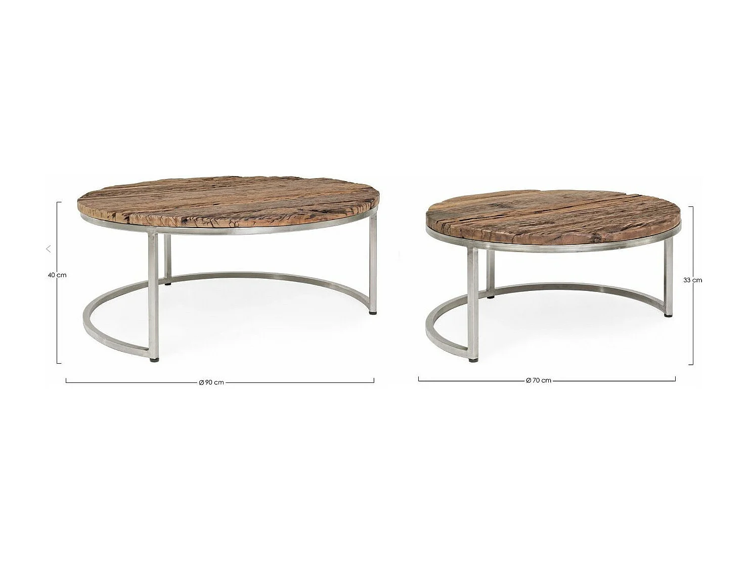 Table basse plateau bois massif recyclé sur pieds acier nickel Likano - Lot de 2