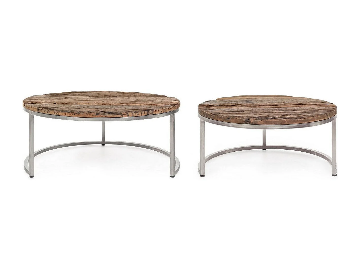 Table basse plateau bois massif recyclé sur pieds acier nickel Likano - Lot de 2