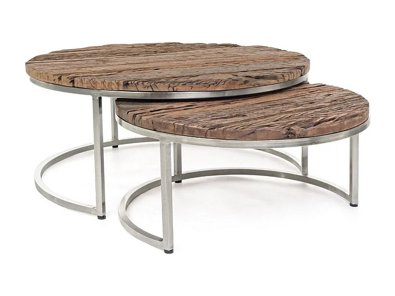 Table basse plateau bois massif recyclé sur pieds acier nickel Likano - Lot de 2