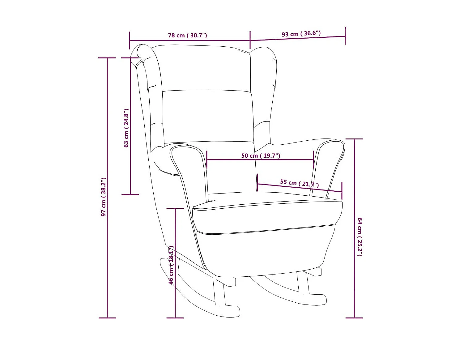 Fauteuil à bascule pieds en bois d'hévéa Rouge bordeaux Velours