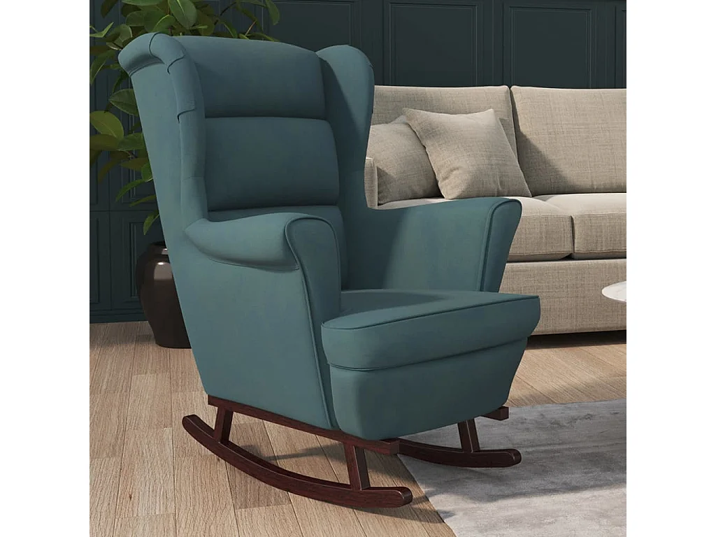 Fauteuil à bascule et pieds en bois massif d'hévéa Bleu Velours