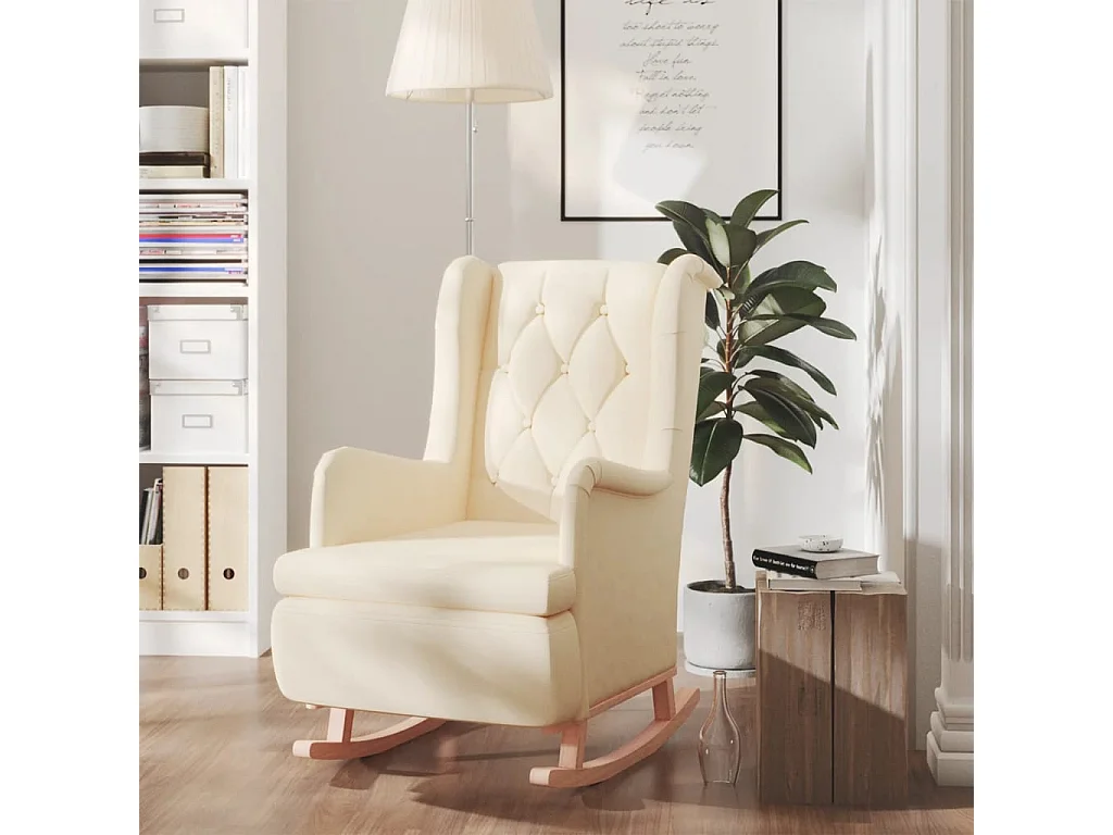 Fauteuil avec pieds à bascule en bois d'hévéa solide Crème Tissu
