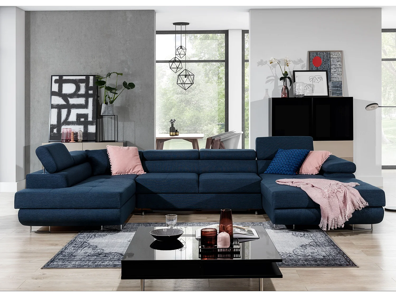 Canapé panoramique tissu bleu marine convertible avec coffre de rangement Romano 345cm-Coffre de rangement à gauche