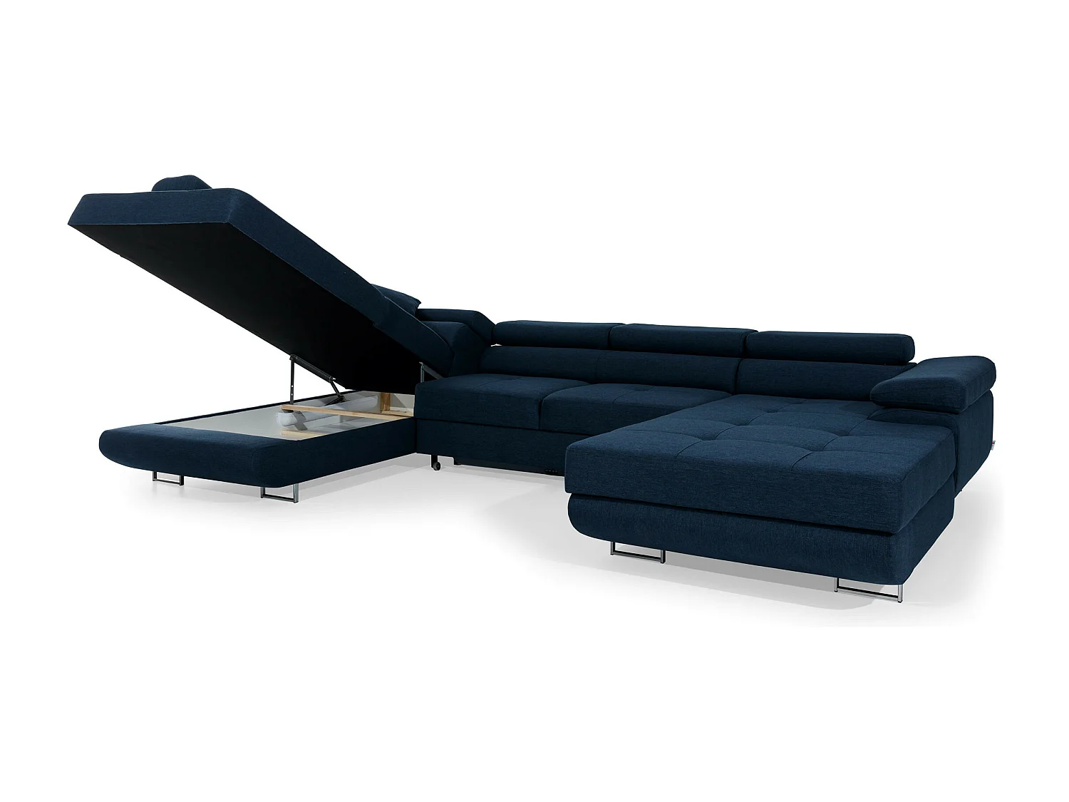 Canapé panoramique tissu bleu marine convertible avec coffre de rangement Romano 345cm-Coffre de rangement à gauche