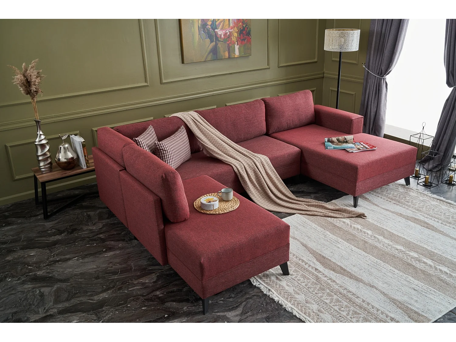 Canapé panoramique tissu rouge méridiennes modulables Kinju 305cm