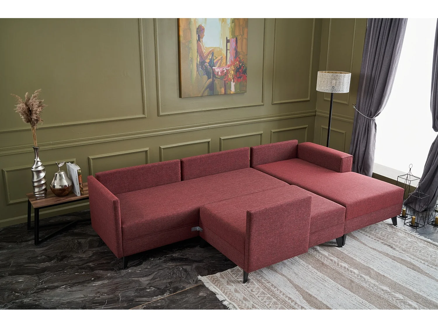 Canapé panoramique tissu rouge méridiennes modulables Kinju 305cm