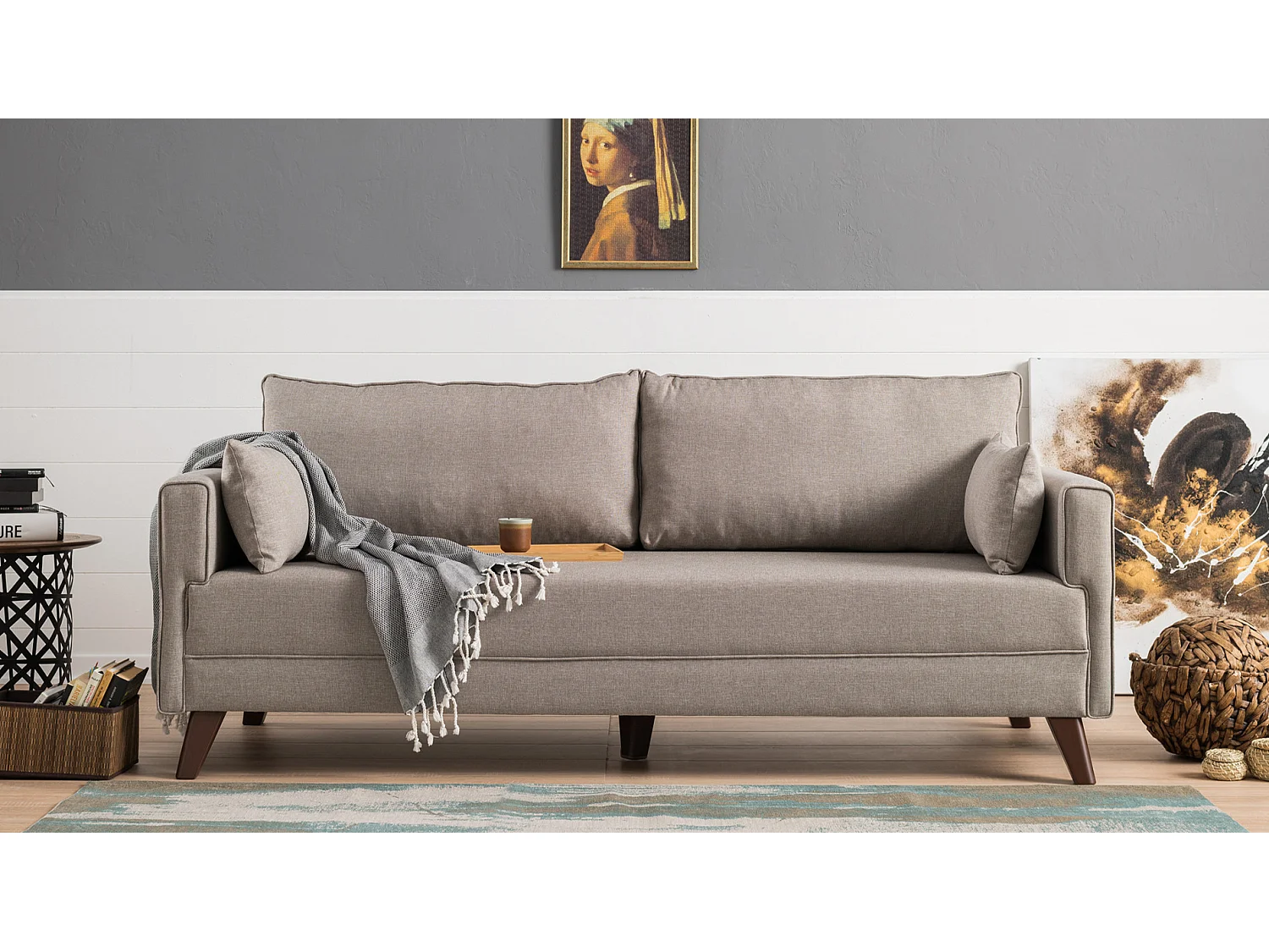 Canapé convertible 3 places tissu beige Kandy 208cm