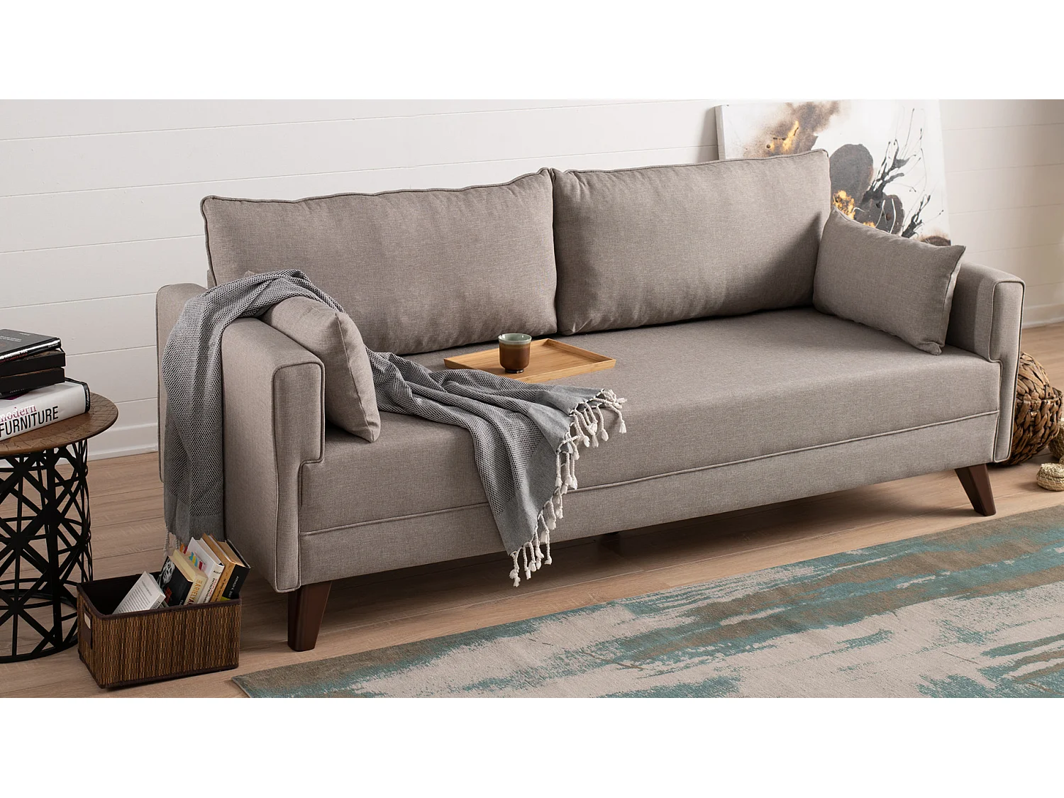 Canapé convertible 3 places tissu beige Kandy 208cm