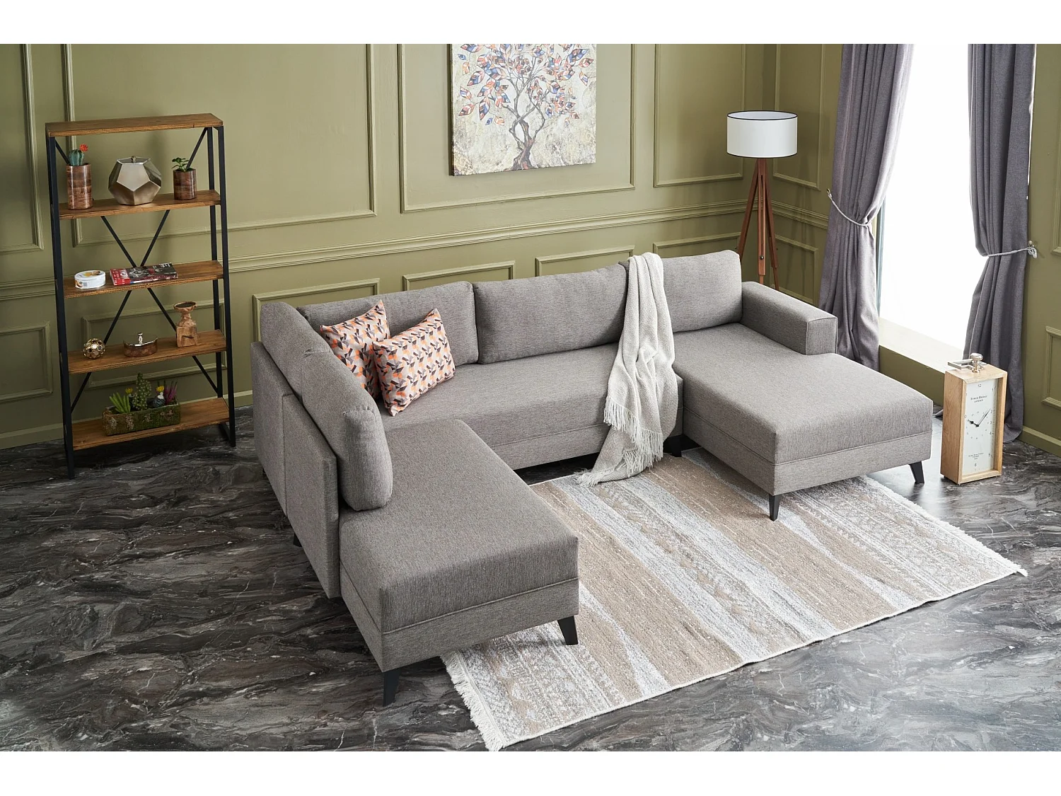 Canapé panoramique tissu marron méridiennes modulables Kinju 305cm