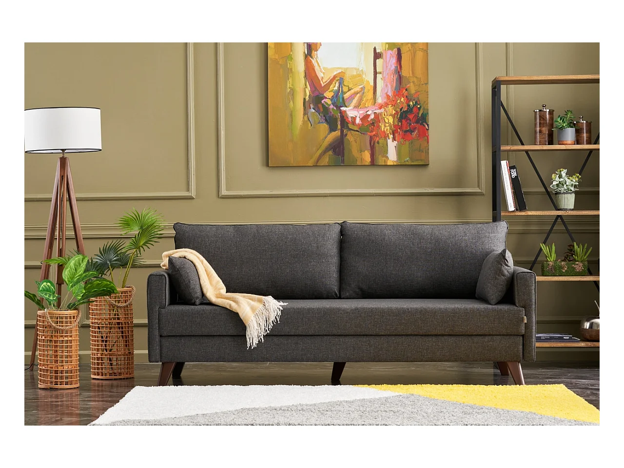 Canapé convertible 3 places tissu gris foncé Kandy 208cm