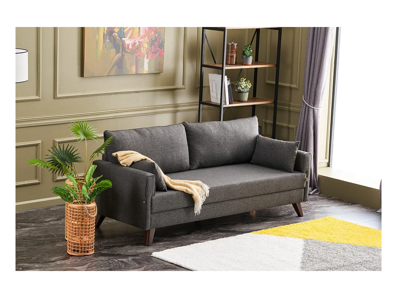 Canapé convertible 3 places tissu gris foncé Kandy 208cm