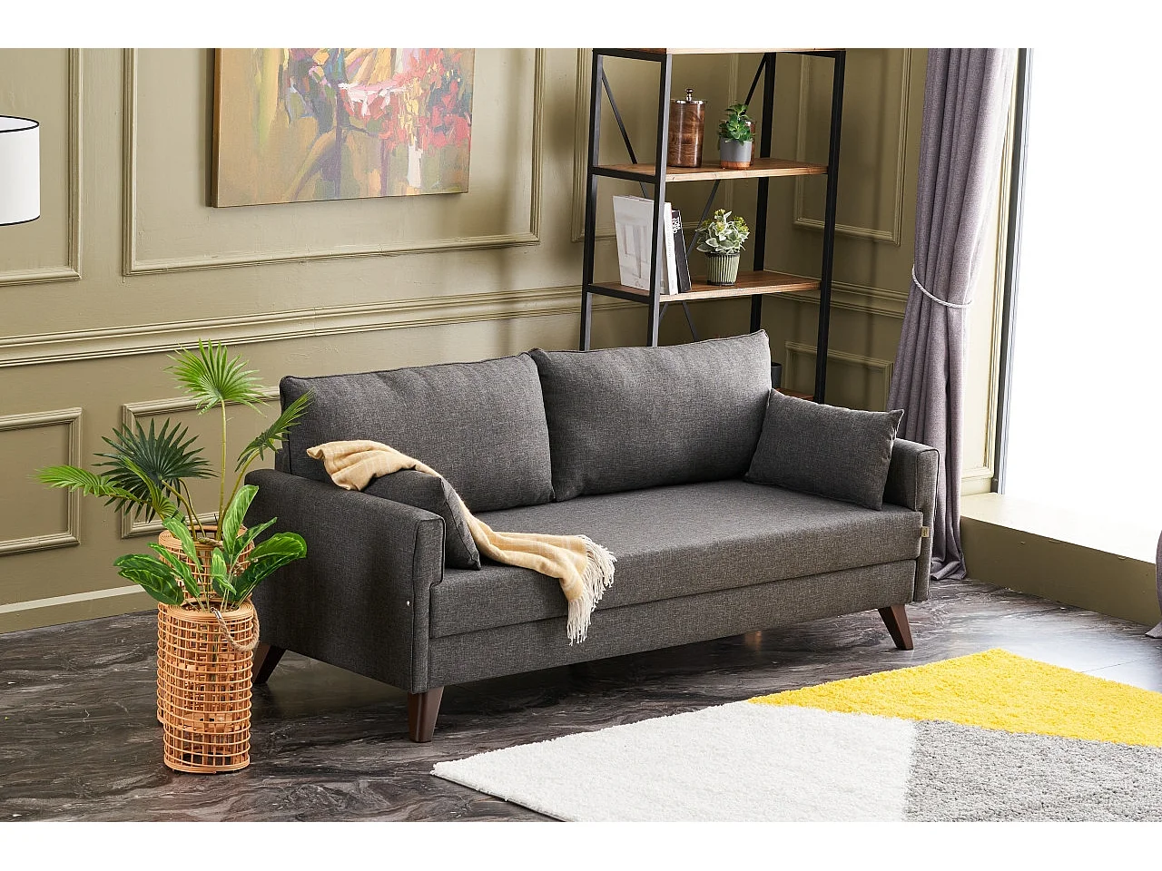 Canapé convertible 3 places tissu gris foncé Kandy 208cm