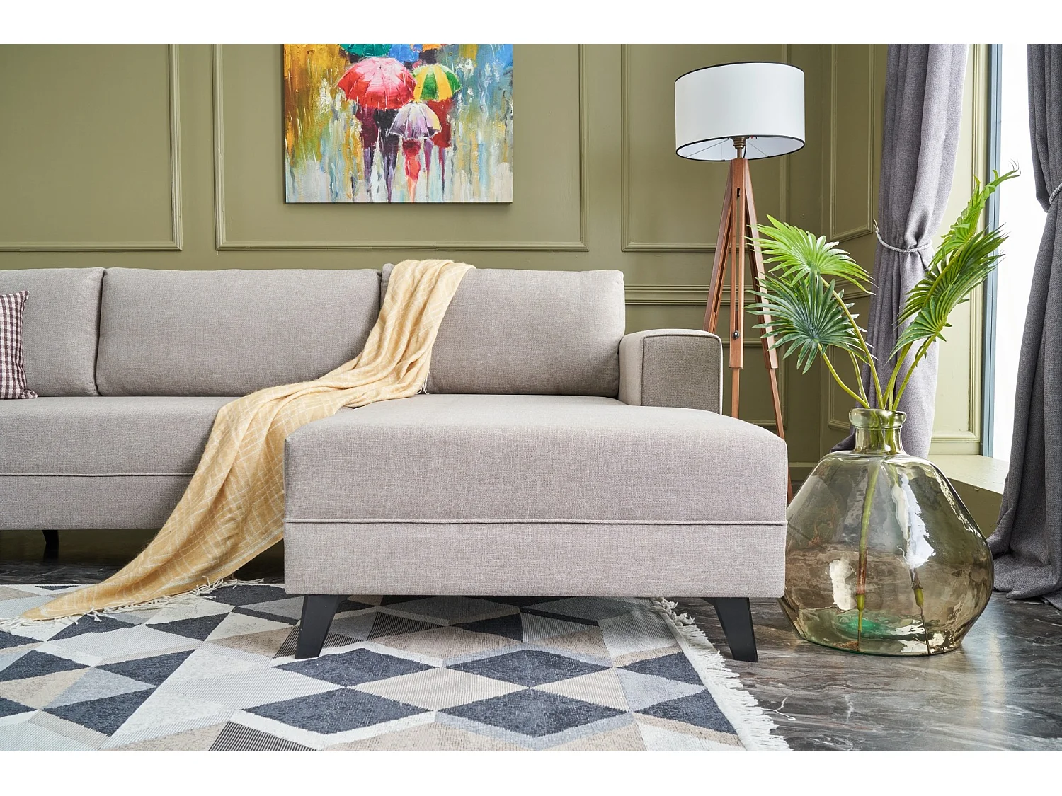 Canapé panoramique tissu beige méridiennes modulables Kinju 305cm