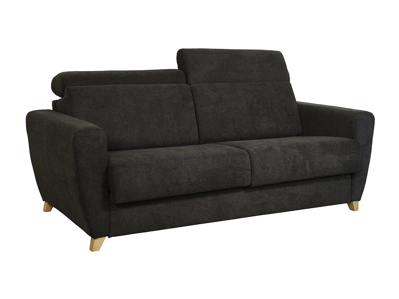 Canapé convertible avec têtières ajustables 3 places en tissu effet velours gris anthracite et bois clair avec matelas 13 cm GOYA
