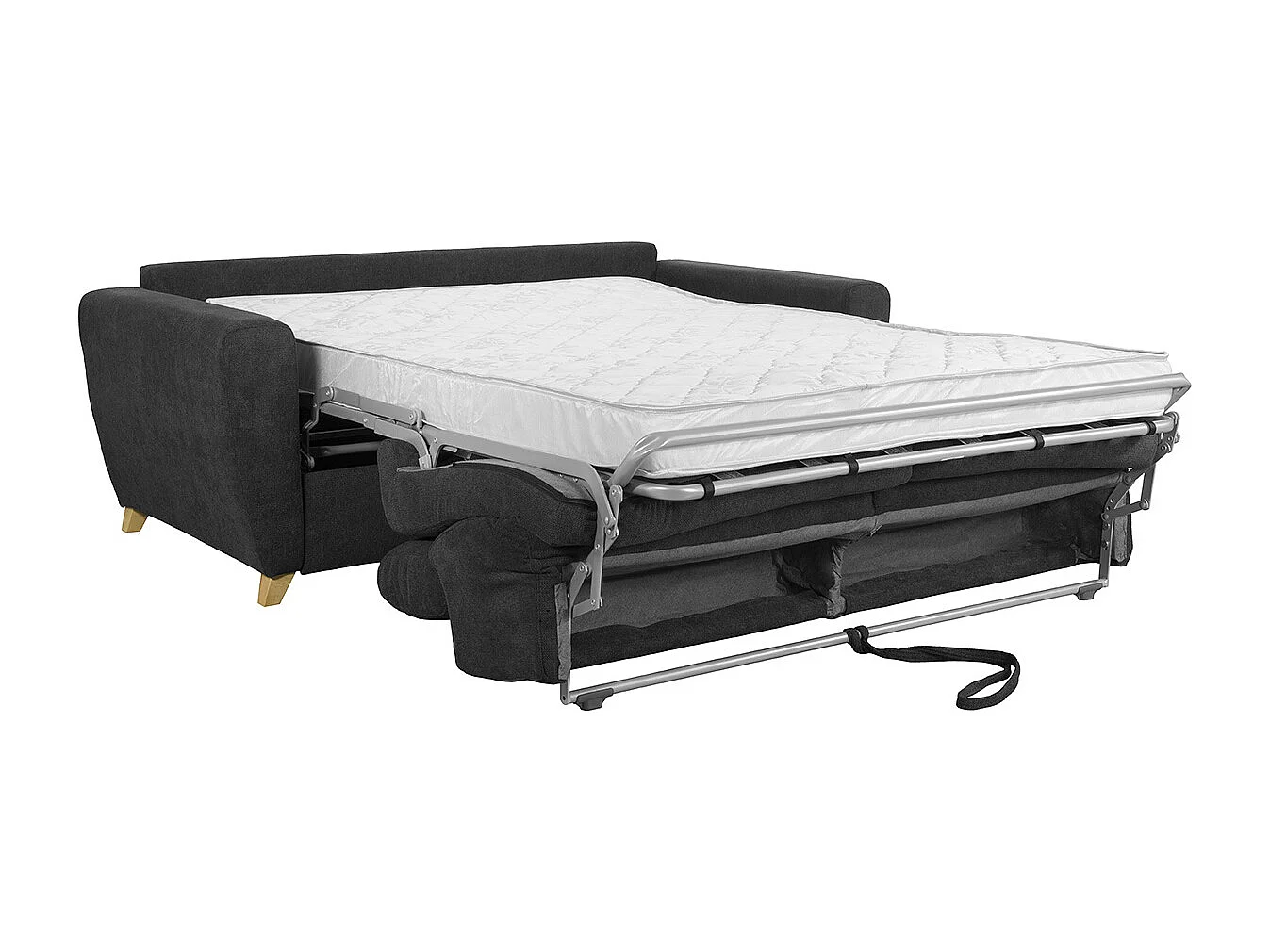 Canapé convertible avec têtières ajustables 3 places en tissu effet velours gris anthracite et bois clair avec matelas 13 cm GOYA