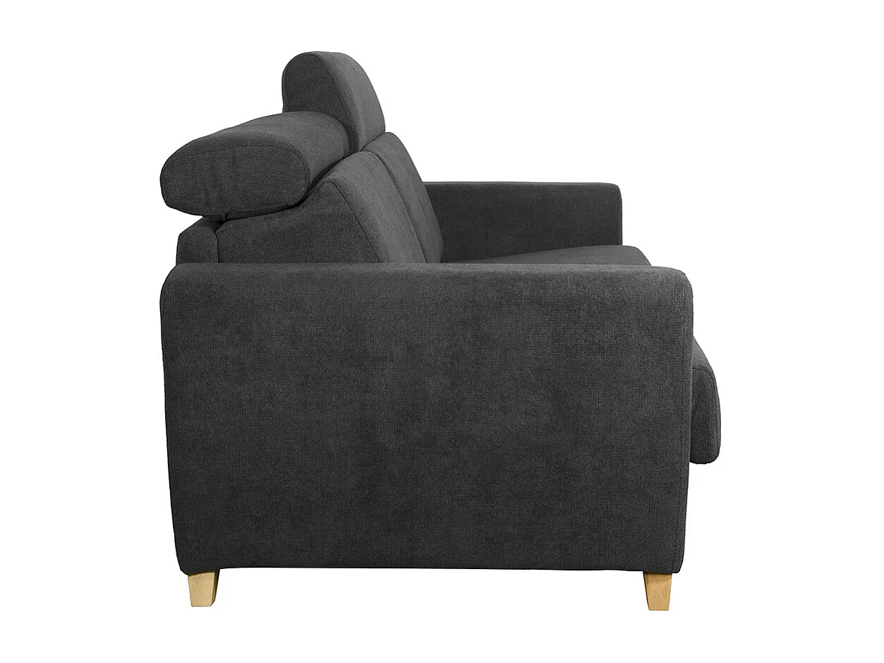 Canapé convertible avec têtières ajustables 3 places en tissu effet velours gris anthracite et bois clair avec matelas 13 cm GOYA