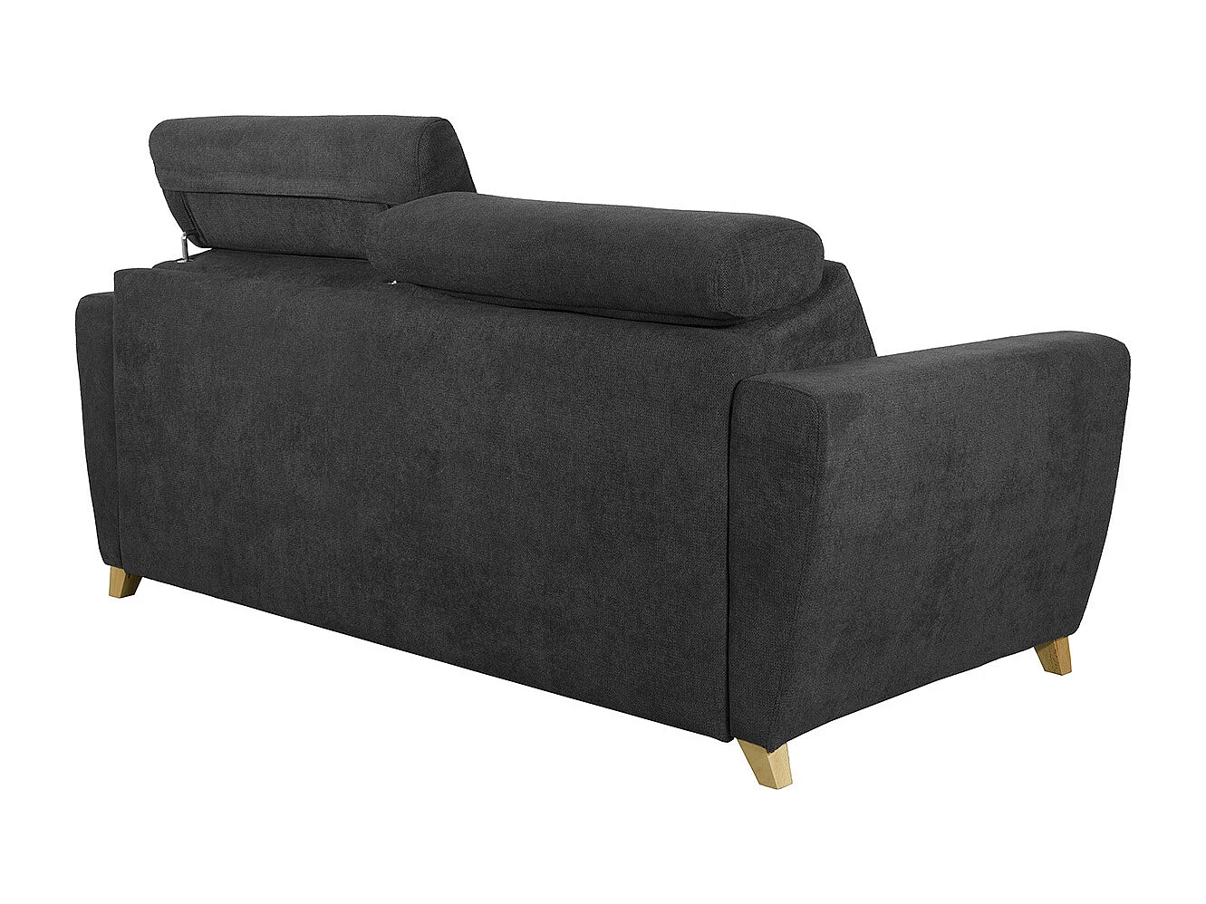Canapé convertible avec têtières ajustables 3 places en tissu effet velours gris anthracite et bois clair avec matelas 13 cm GOYA