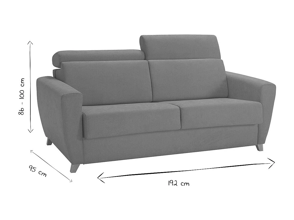 Canapé convertible avec têtières ajustables 3 places en tissu effet velours gris anthracite et bois clair avec matelas 13 cm GOYA