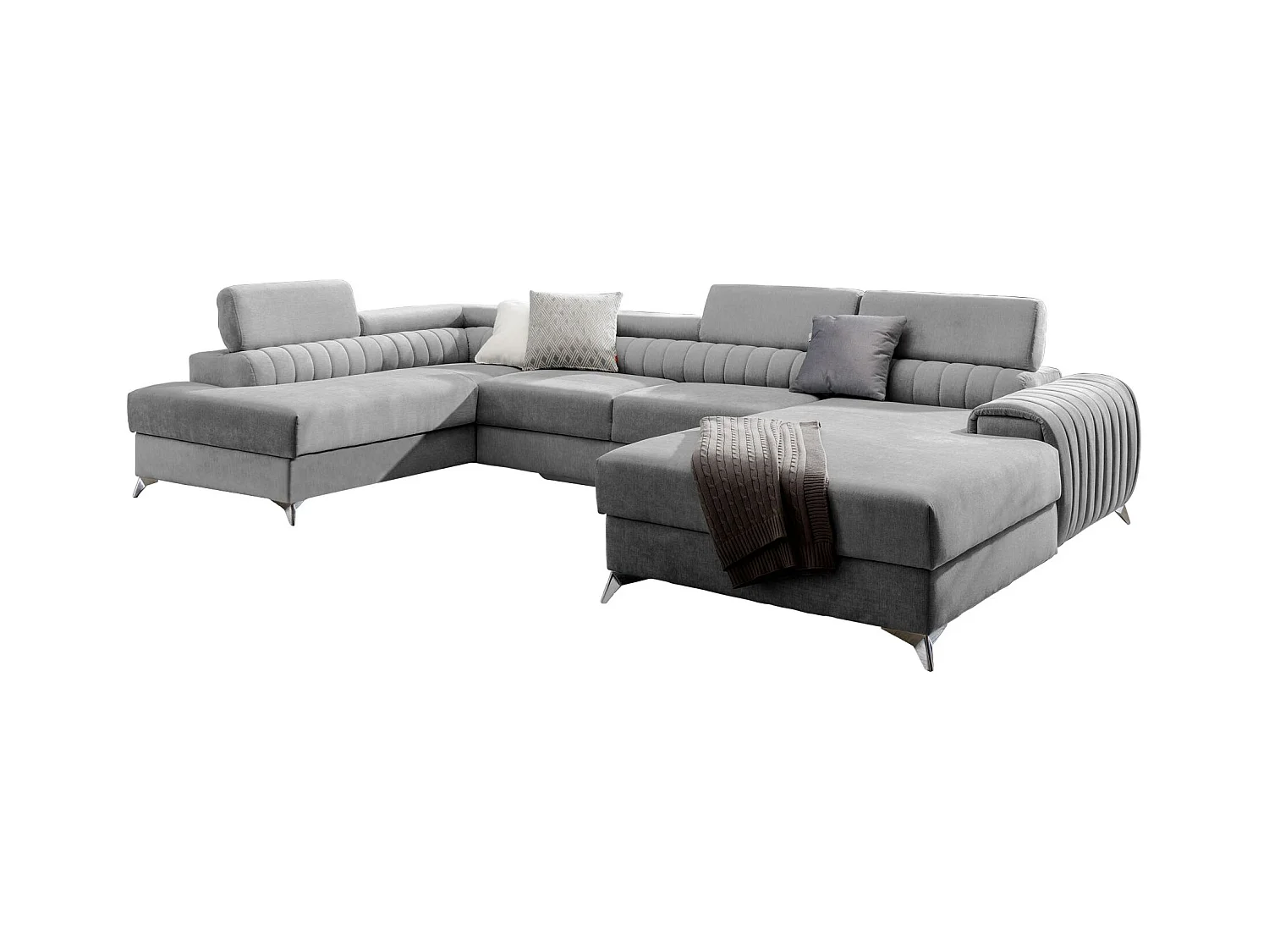 Canapé d'angle U tissu gris clair coffre de rangement à gauche Kalante 347cm