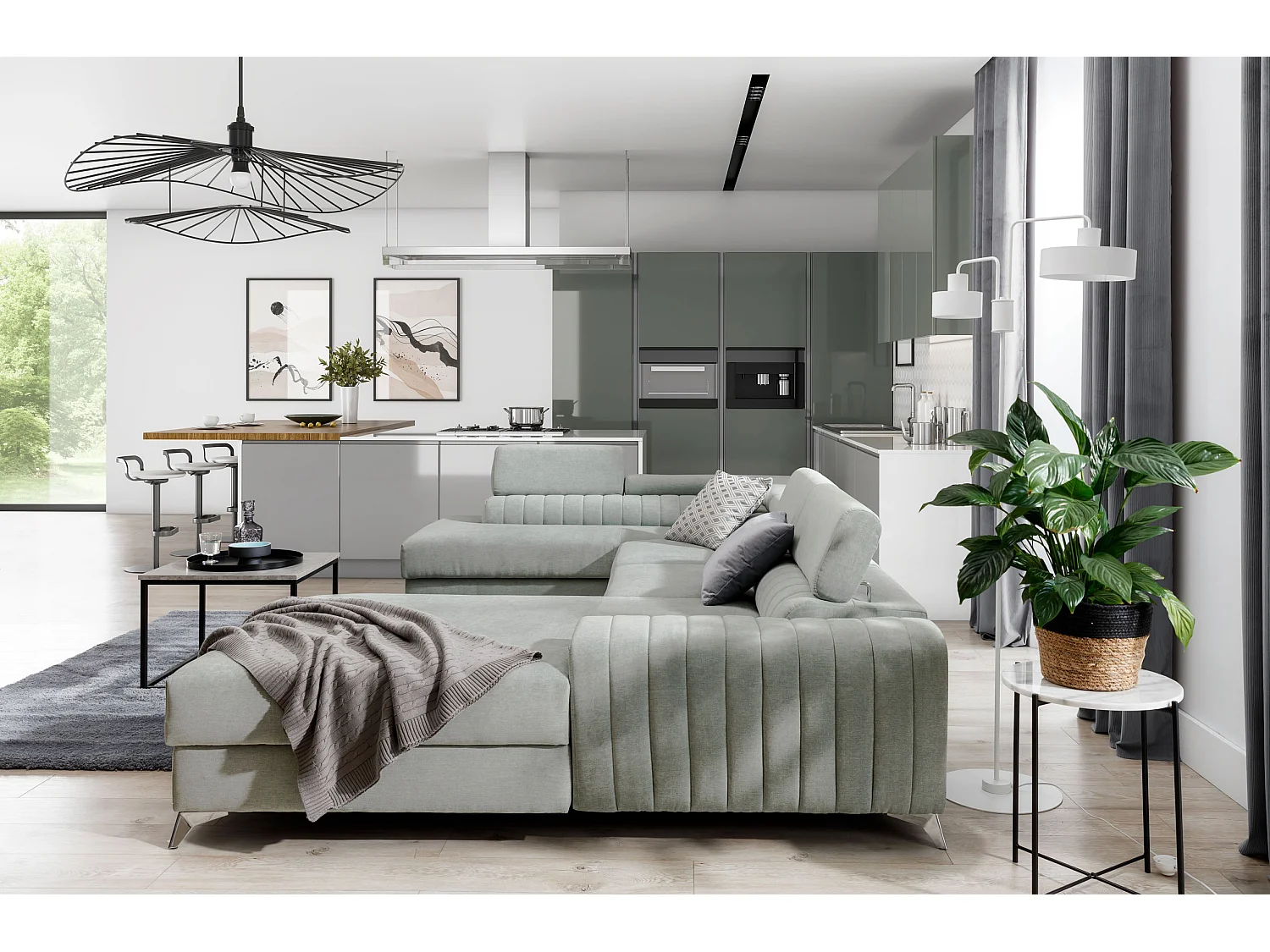 Hoekbank U lichtgrijze stoffen opbergbox links Kalante 347 cm