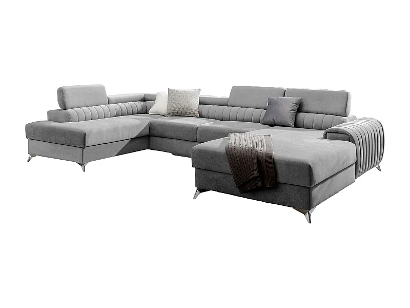 Canapé d'angle U tissu gris clair coffre de rangement à gauche Kalante 347cm