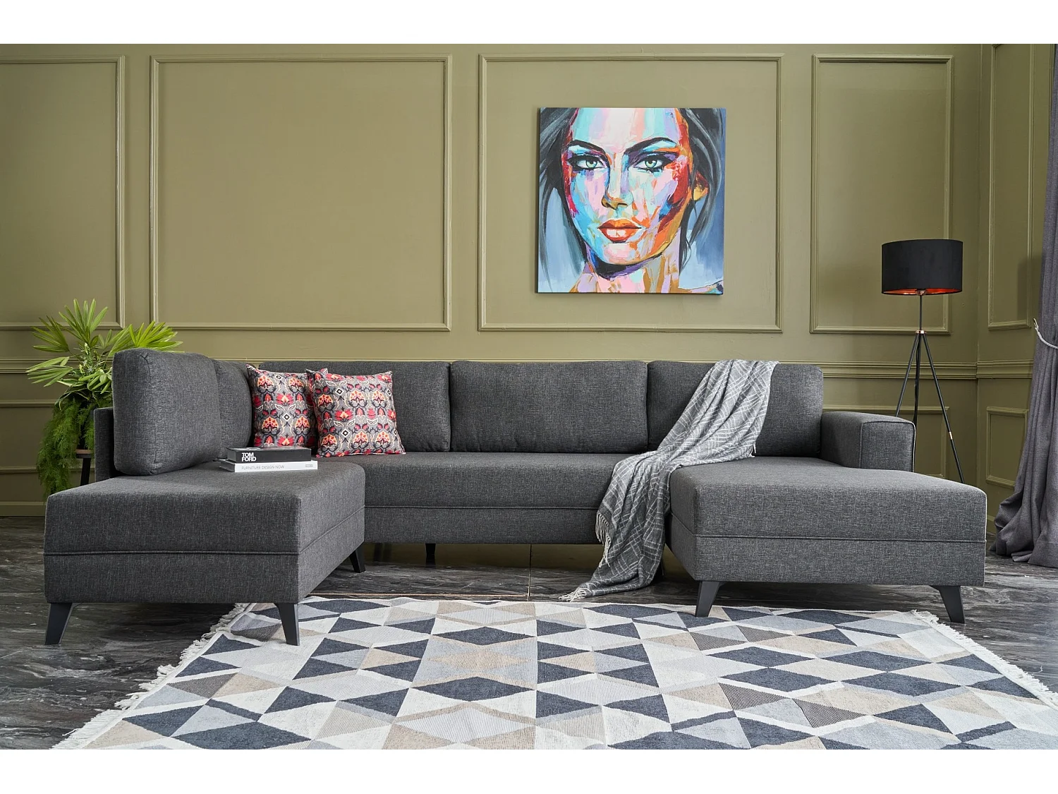 Canapé panoramique tissu anthracite méridiennes modulables Kinju 305cm