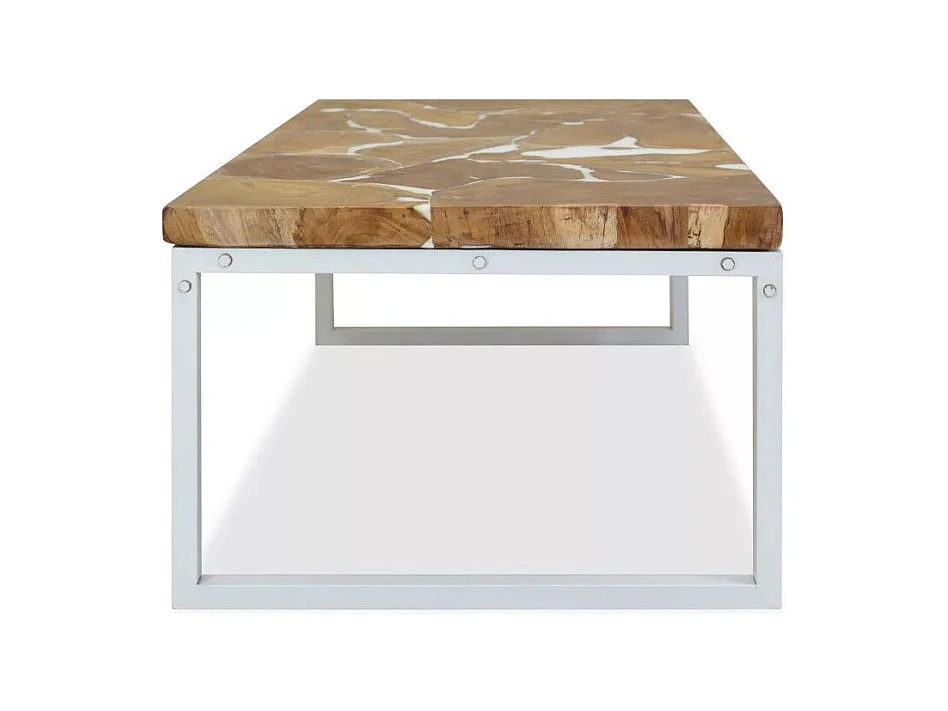 Table basse rectangulaire teck massif clair et pieds métal blanc Mita