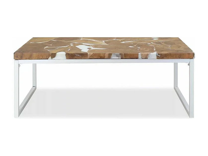 Table basse rectangulaire teck massif clair et pieds métal blanc Mita