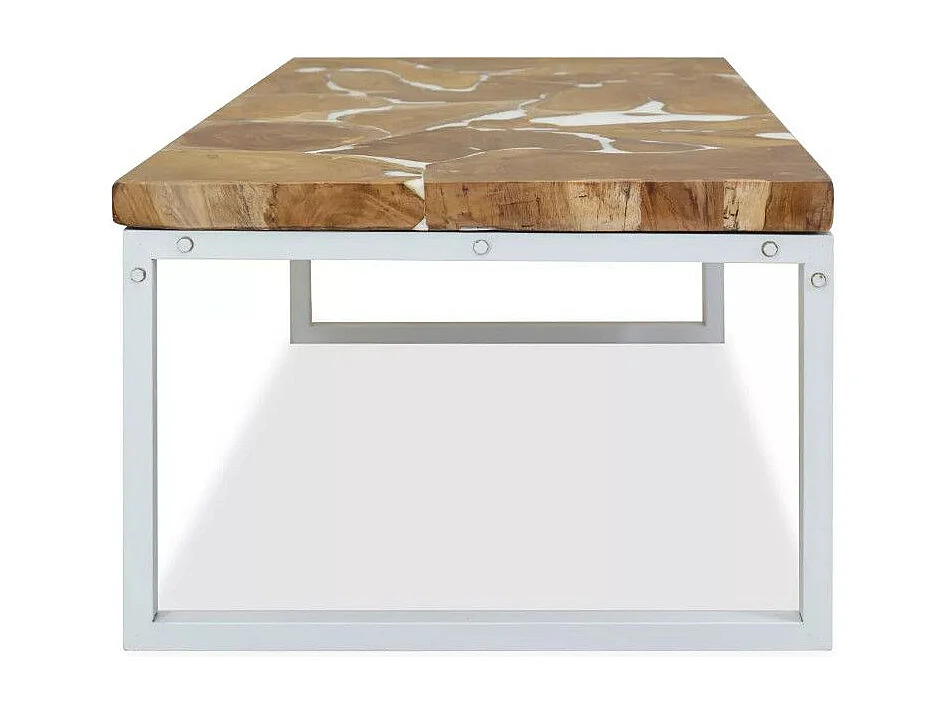 Table basse rectangulaire teck massif clair et pieds métal blanc Mita