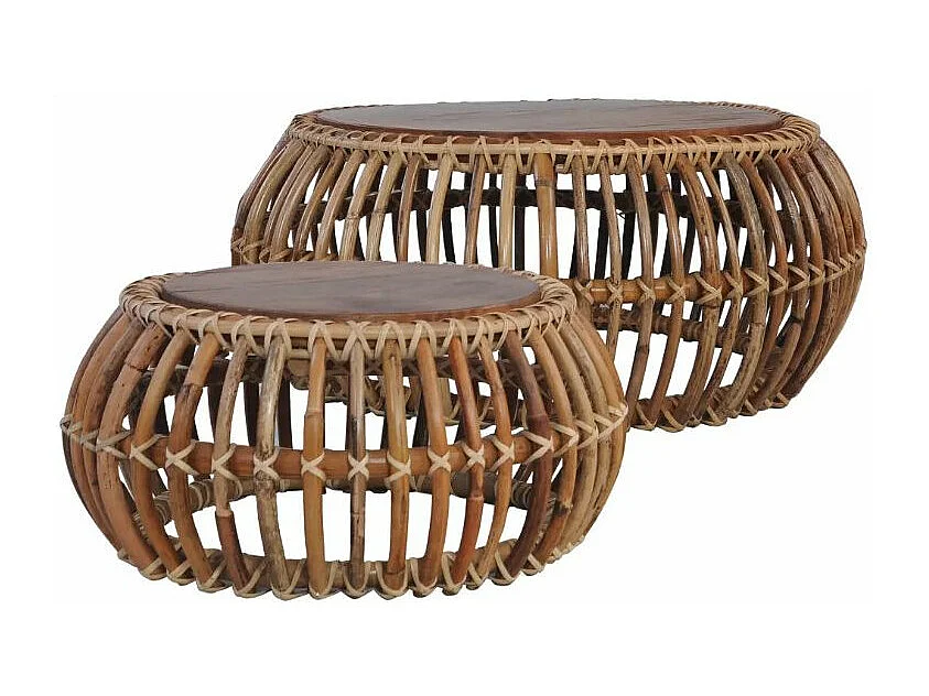 Table basse ronde rotin et teck massif foncé Maboo - Lot de 2