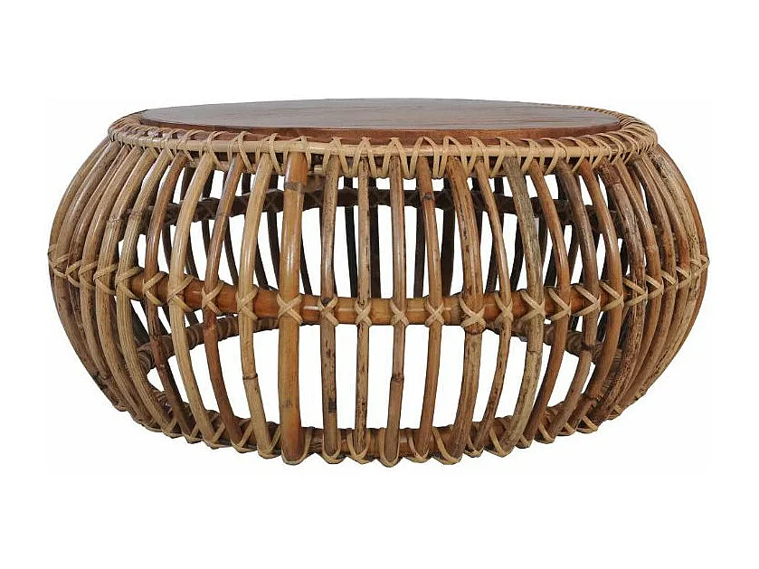 Table basse ronde rotin et teck massif foncé Maboo - Lot de 2