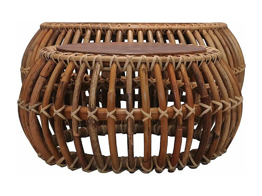 Table basse ronde rotin et teck massif foncé Maboo - Lot de 2
