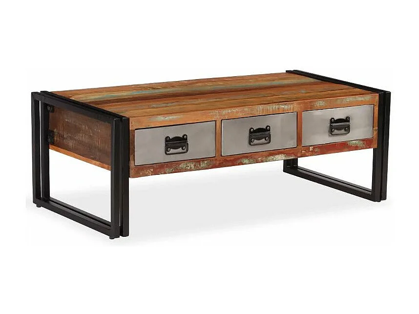 Table basse 3 tiroirs bois massif recyclé et métal noir Boust