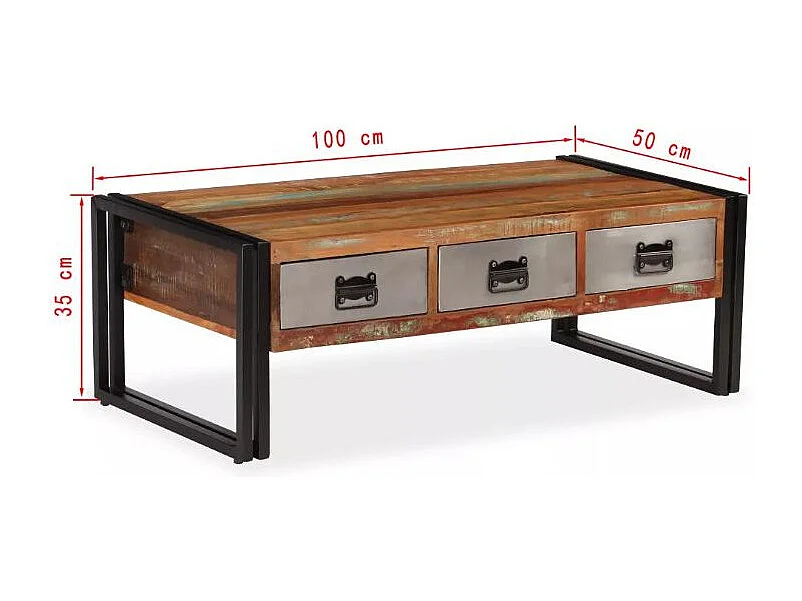 Table basse 3 tiroirs bois massif recyclé et métal noir Boust