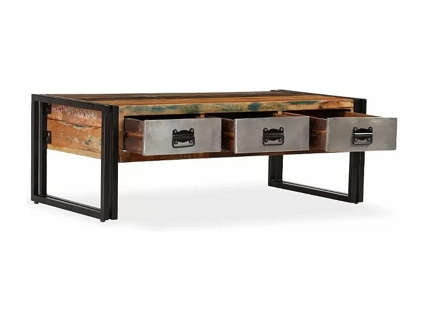 Table basse 3 tiroirs bois massif recyclé et métal noir Boust