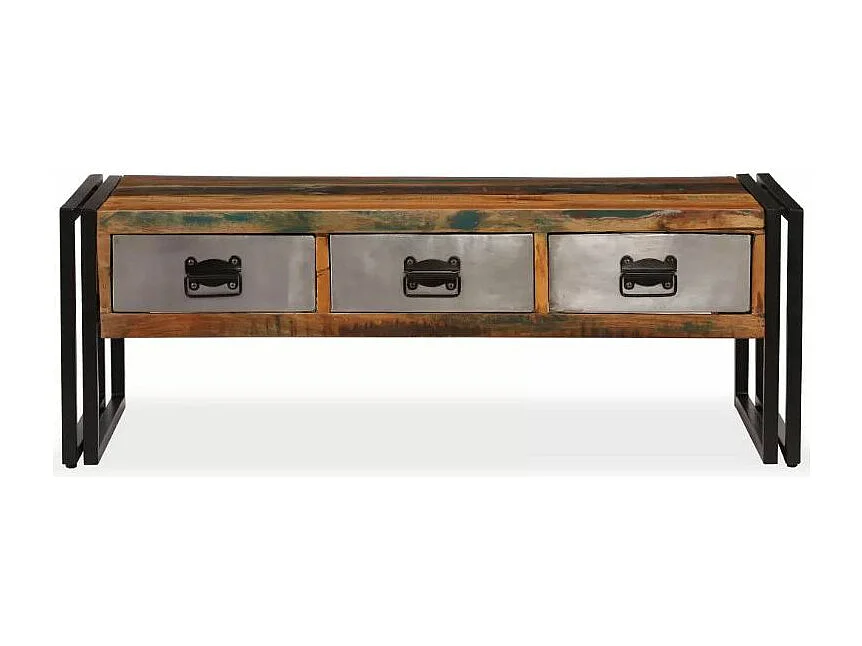 Table basse 3 tiroirs bois massif recyclé et métal noir Boust