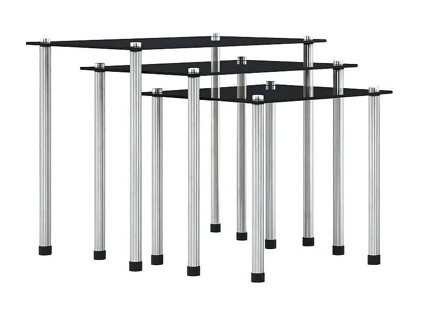 Set de 3 tables gigognes verre trempé noir et pieds métal gris Rosi