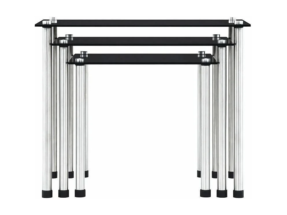 Set de 3 tables gigognes verre trempé noir et pieds métal gris Rosi