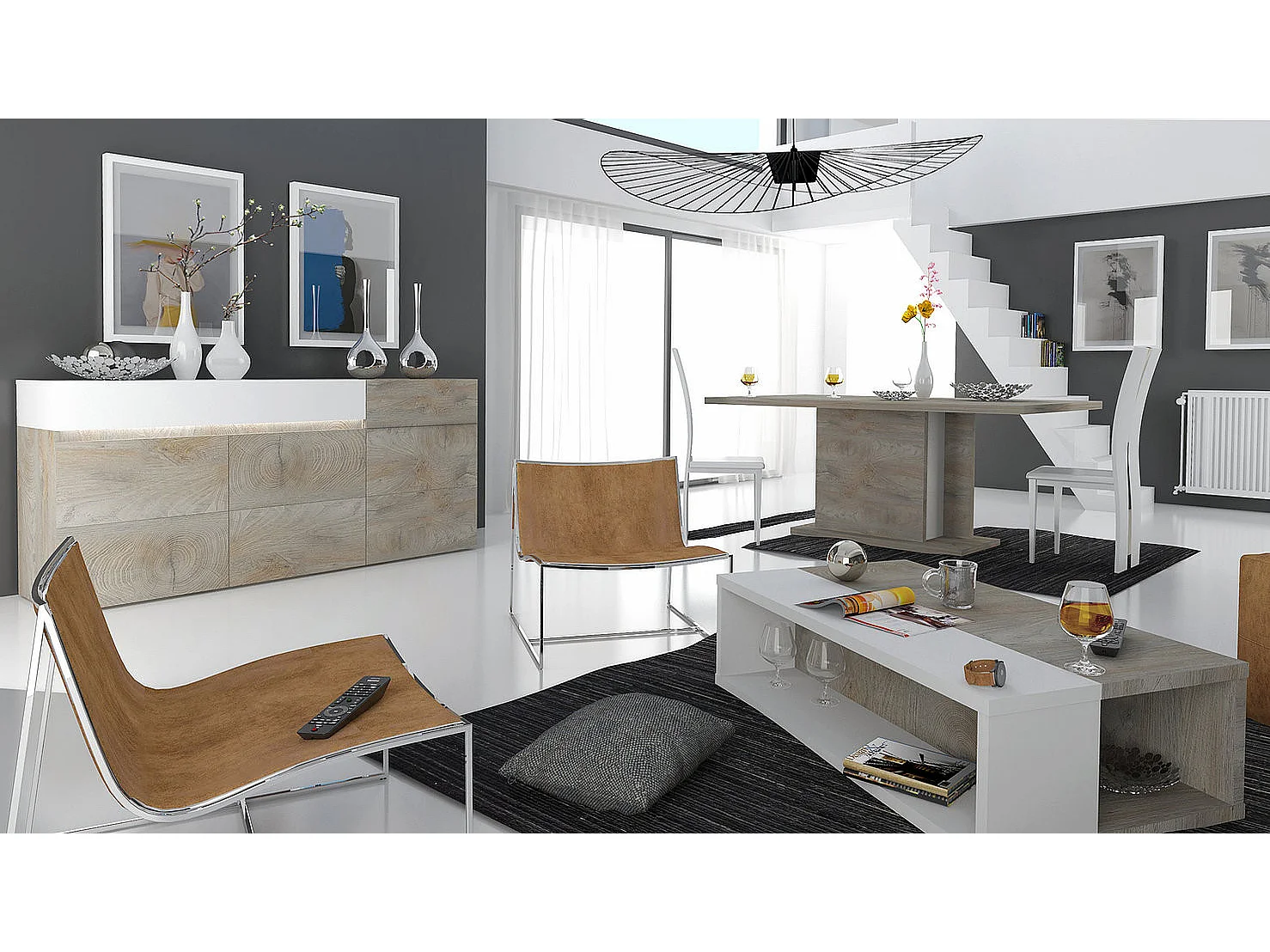 Table basse laqué blanc mat et bois chêne clair Baite