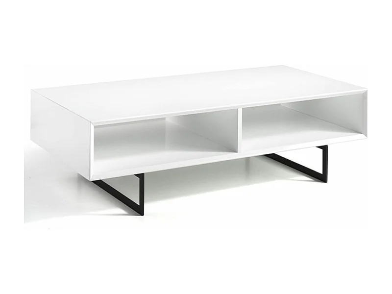 Table basse moderne en bois laqué blanc et acier noir Valina 120cm
