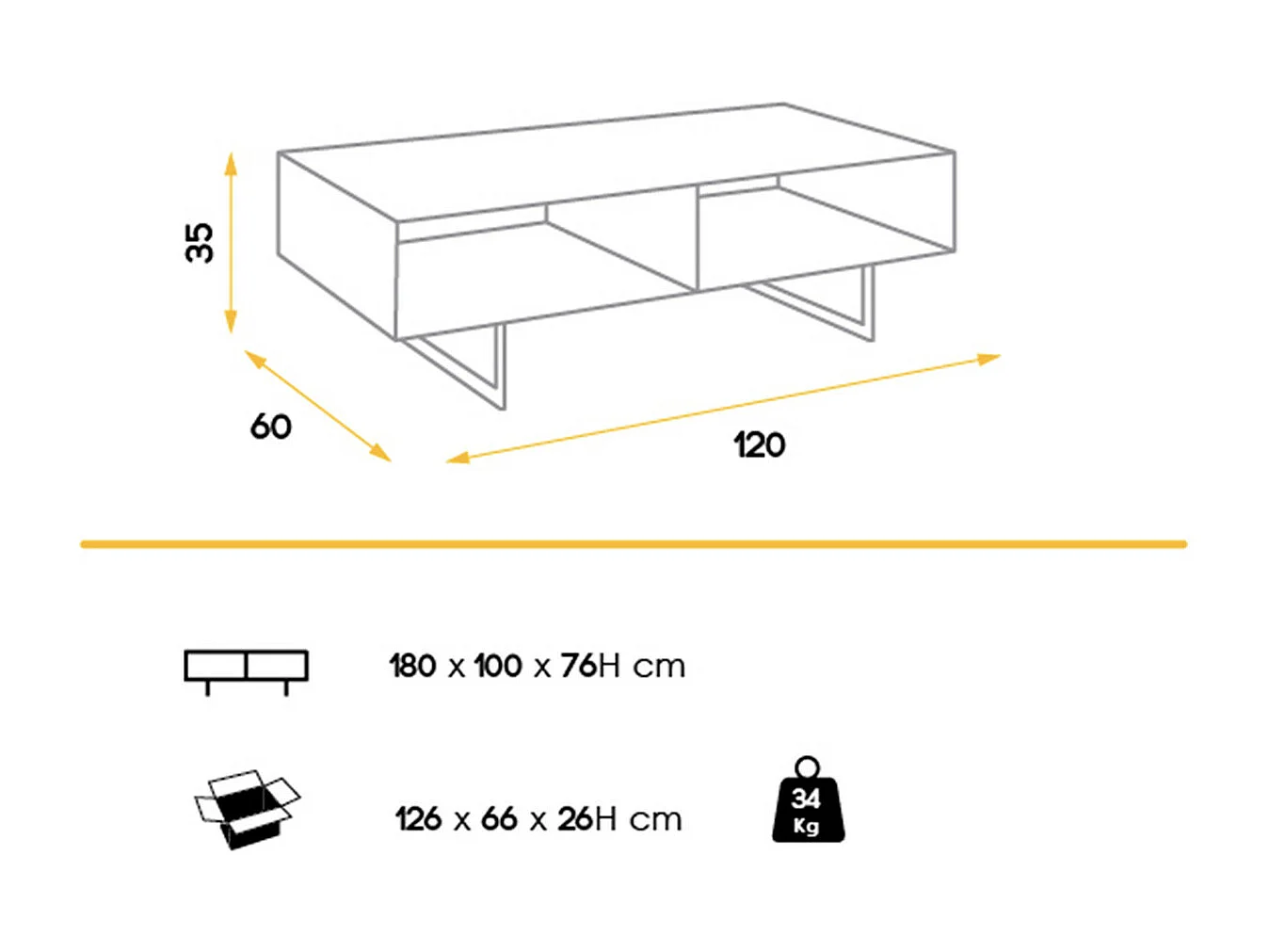 Table basse moderne en bois laqué blanc et acier noir Valina 120cm