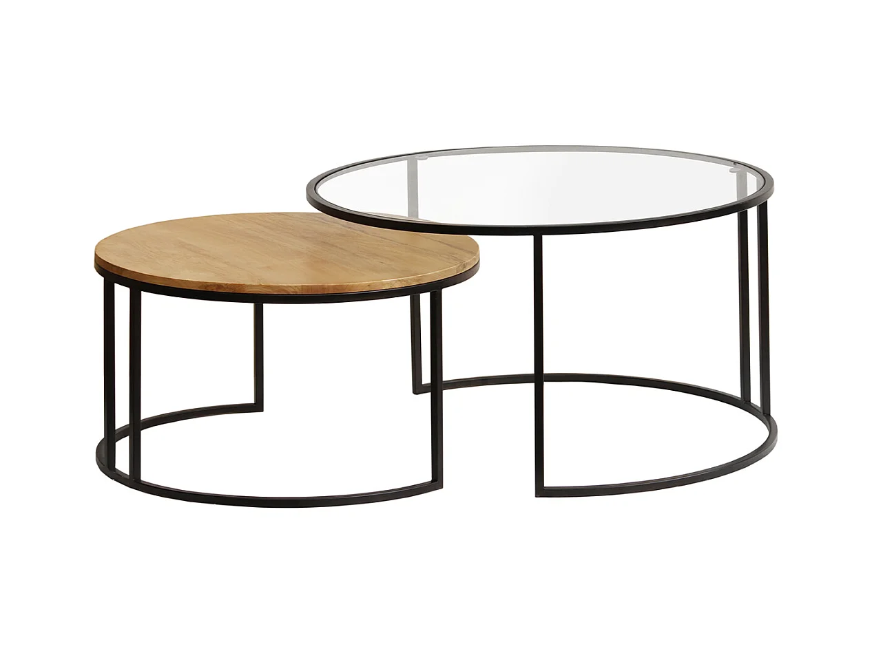 Tables basses gigognes rondes verre trempé, bois manguier massif et métal noir (lot de 2) TAHL