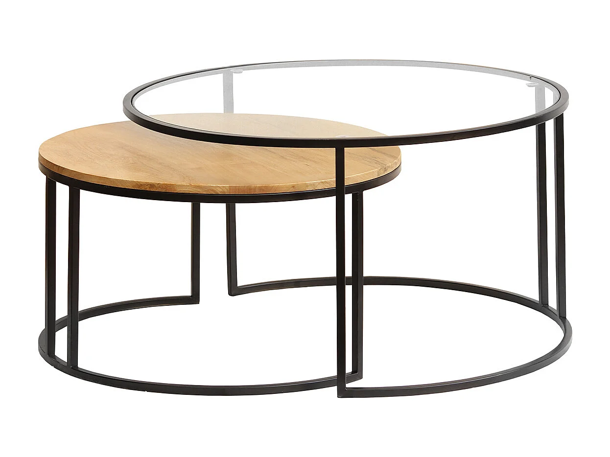 Tables basses gigognes rondes verre trempé, bois manguier massif et métal noir (lot de 2) TAHL