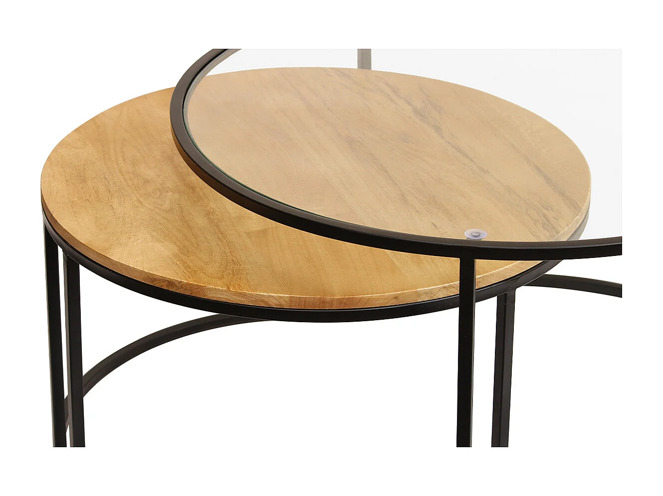 Tables basses gigognes rondes verre trempé, bois manguier massif et métal noir (lot de 2) TAHL