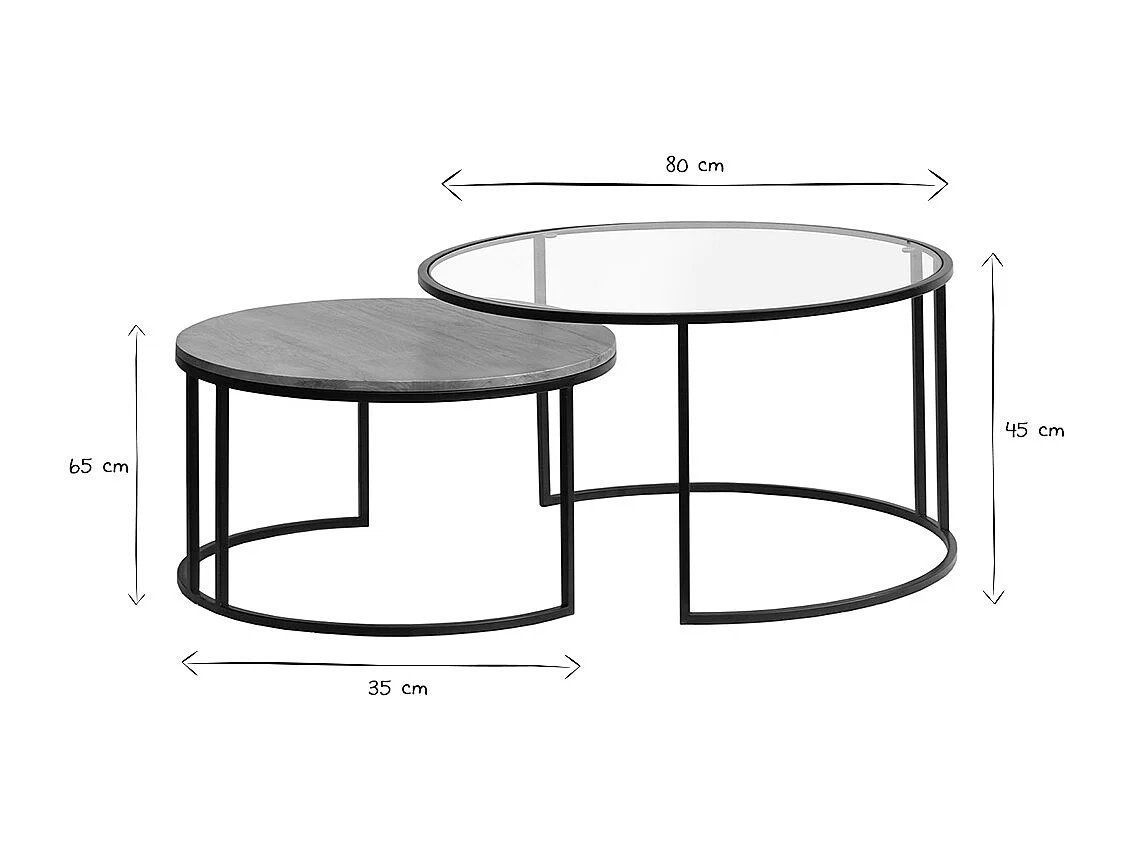 Tables basses gigognes rondes verre trempé, bois manguier massif et métal noir (lot de 2) TAHL