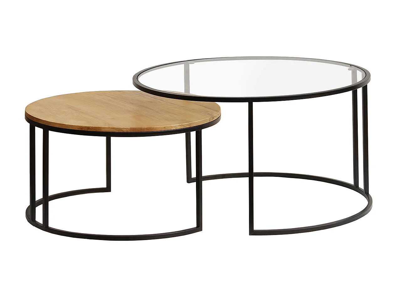 Tables basses gigognes rondes verre trempé, bois manguier massif et métal noir (lot de 2) TAHL