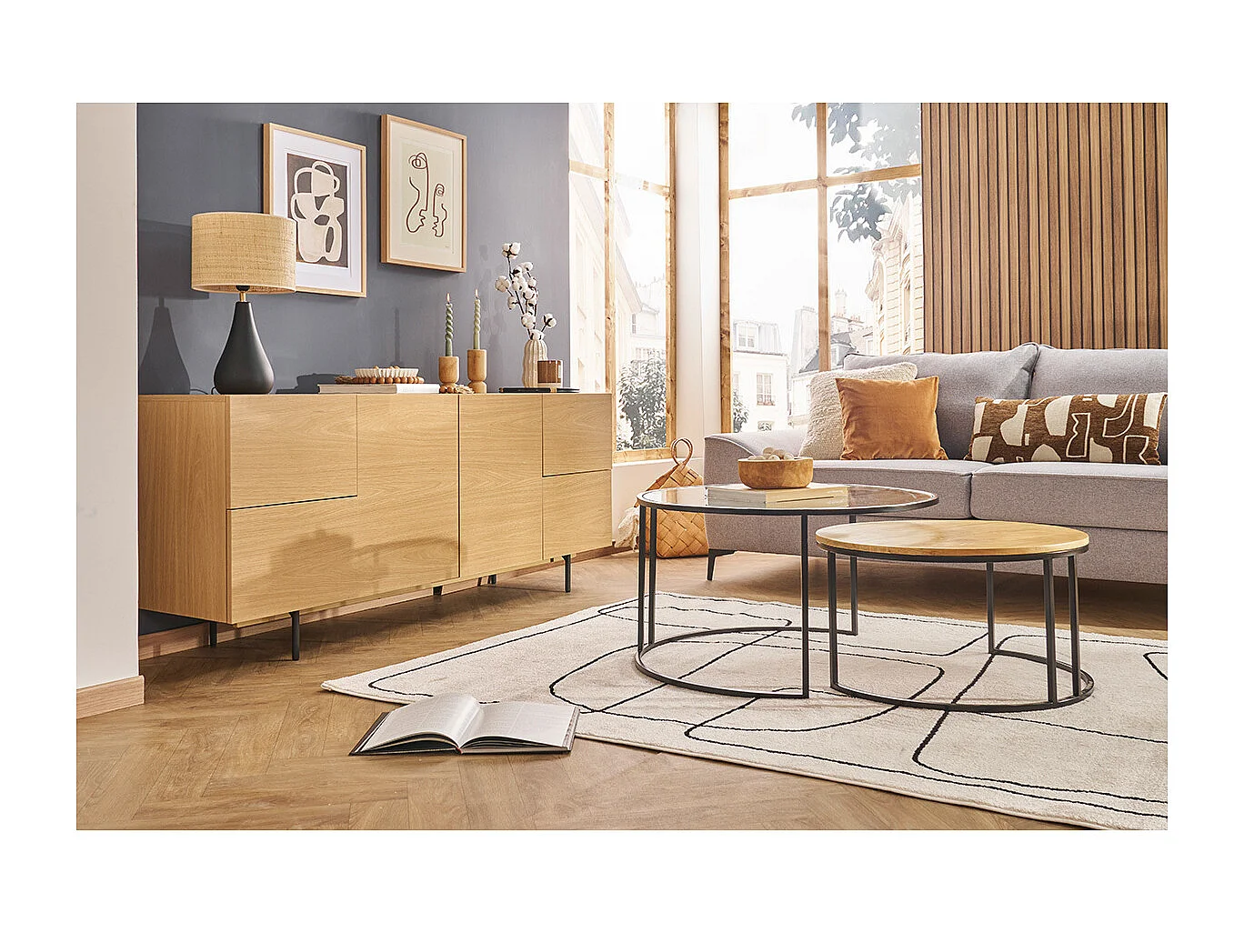 Tables basses gigognes rondes verre trempé, bois manguier massif et métal noir (lot de 2) TAHL