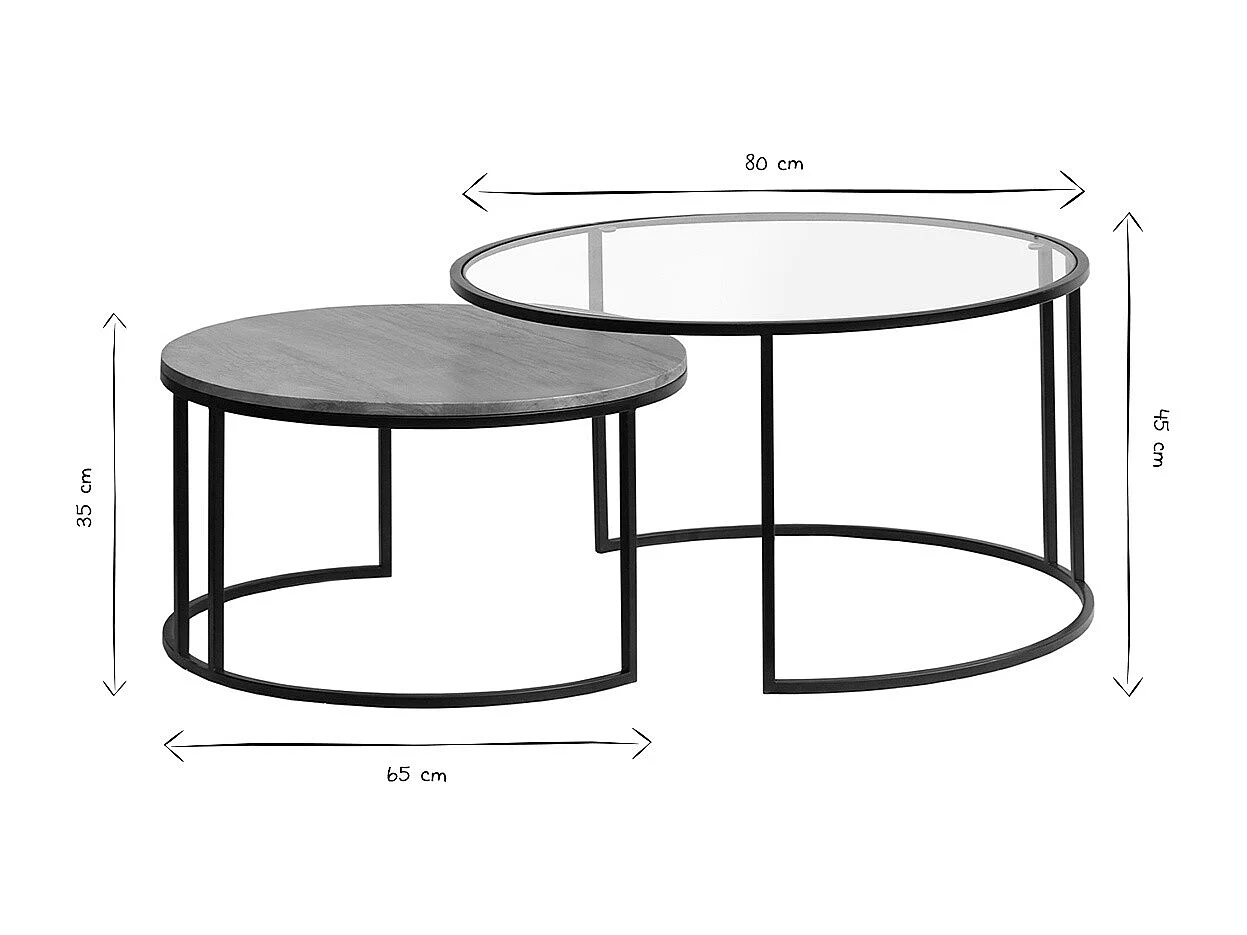 Tables basses gigognes rondes verre trempé, bois manguier massif et métal noir (lot de 2) TAHL