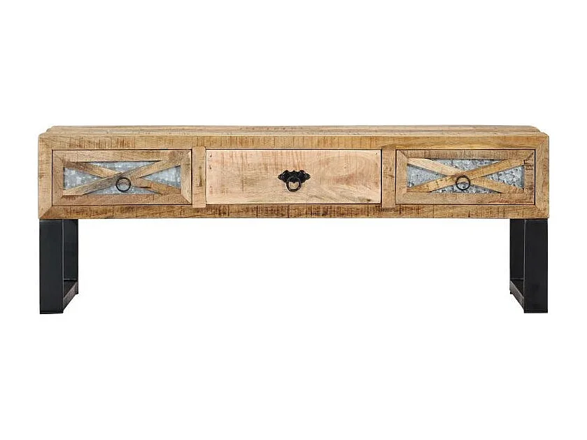 Table basse 3 tiroirs manguier massif clair et métal noir Maneci 2