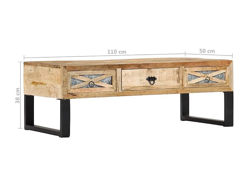 Table basse 3 tiroirs manguier massif clair et métal noir Maneci 2